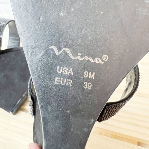 Nina Adila Black Wedge Rhinestone Slingback Open Toe Sandal Women's Size 9M - Picture 7 of 9